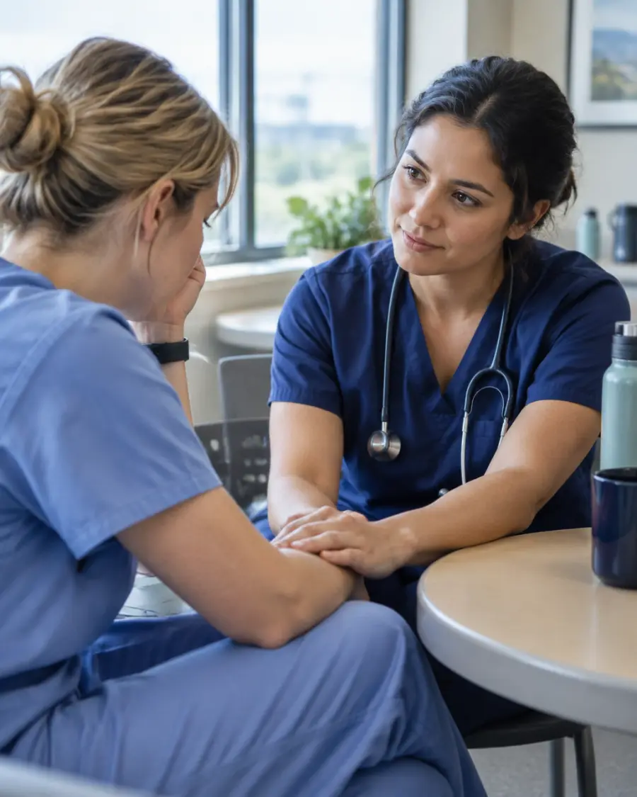 Two nurses offering each other support