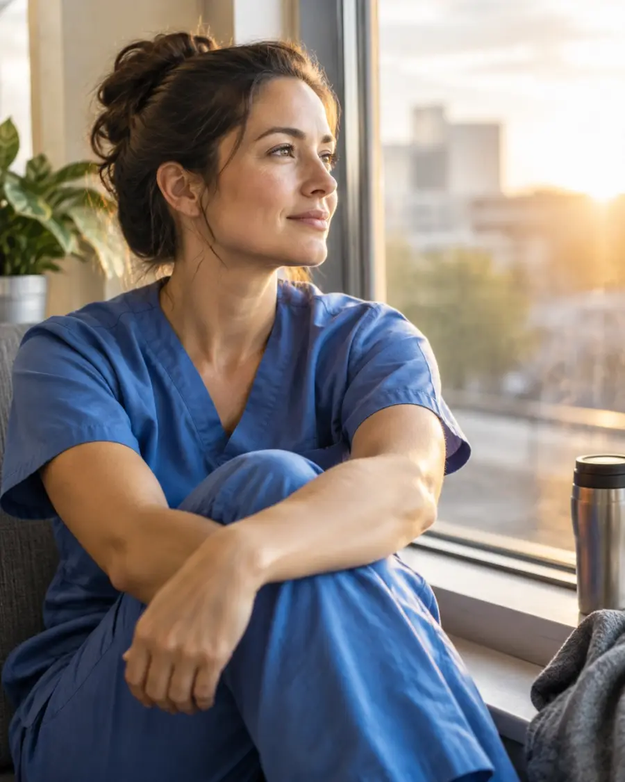 Nurse taking a quiet, restorative pause by a sunlit window