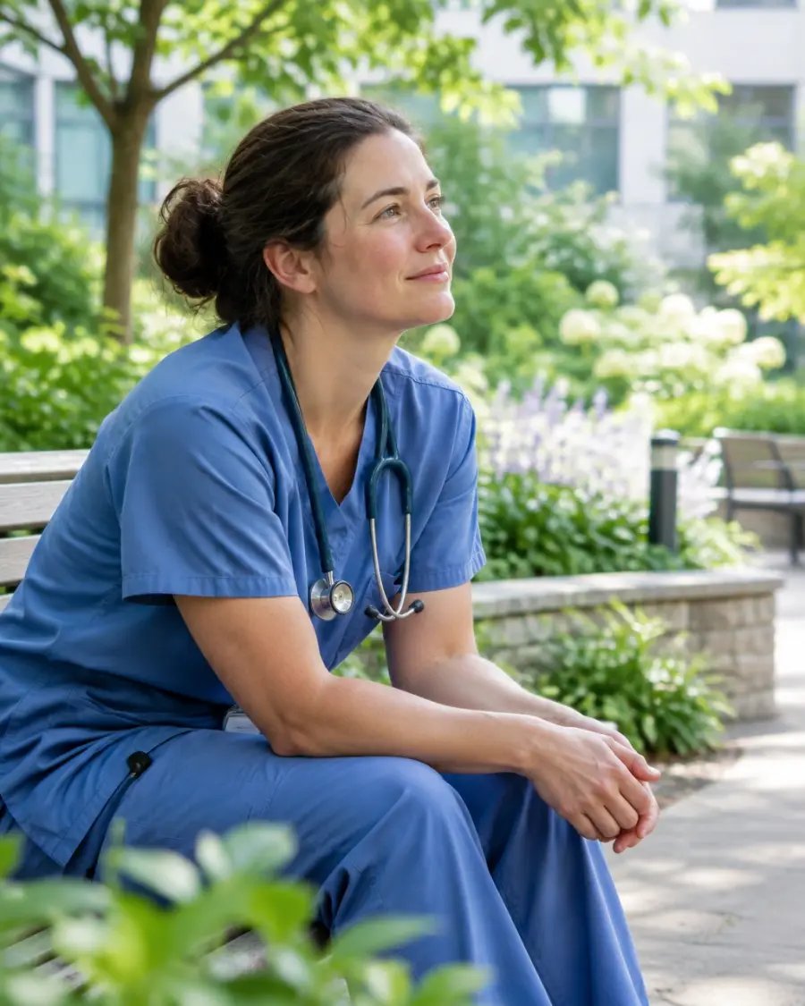Nurse taking a quiet pause in a peaceful hospital courtyard