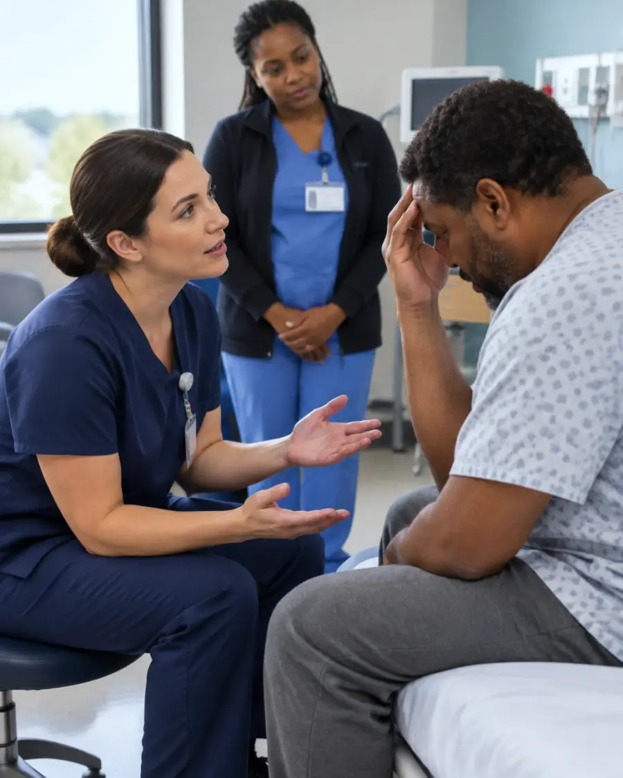 Nurse calmly communicating with a patient in a clinical setting