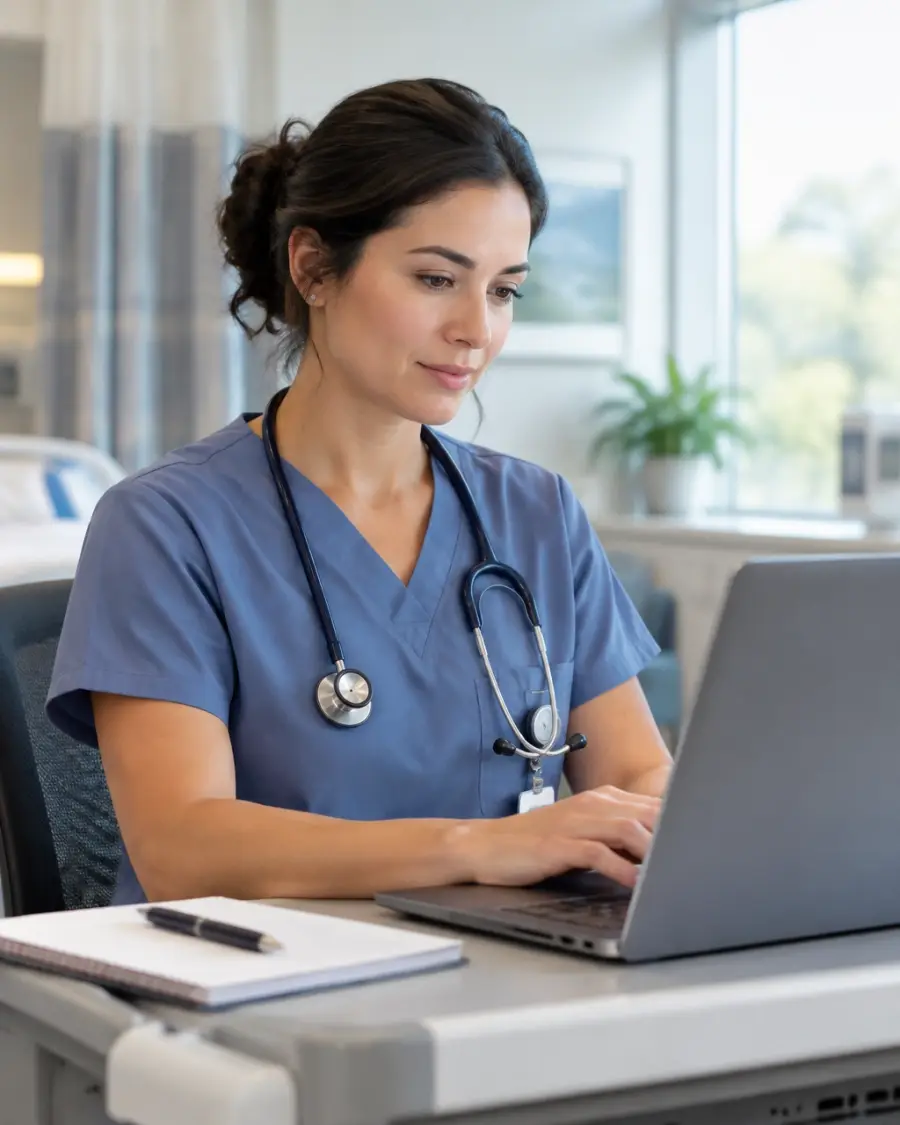 Nurse documenting care at a workstation